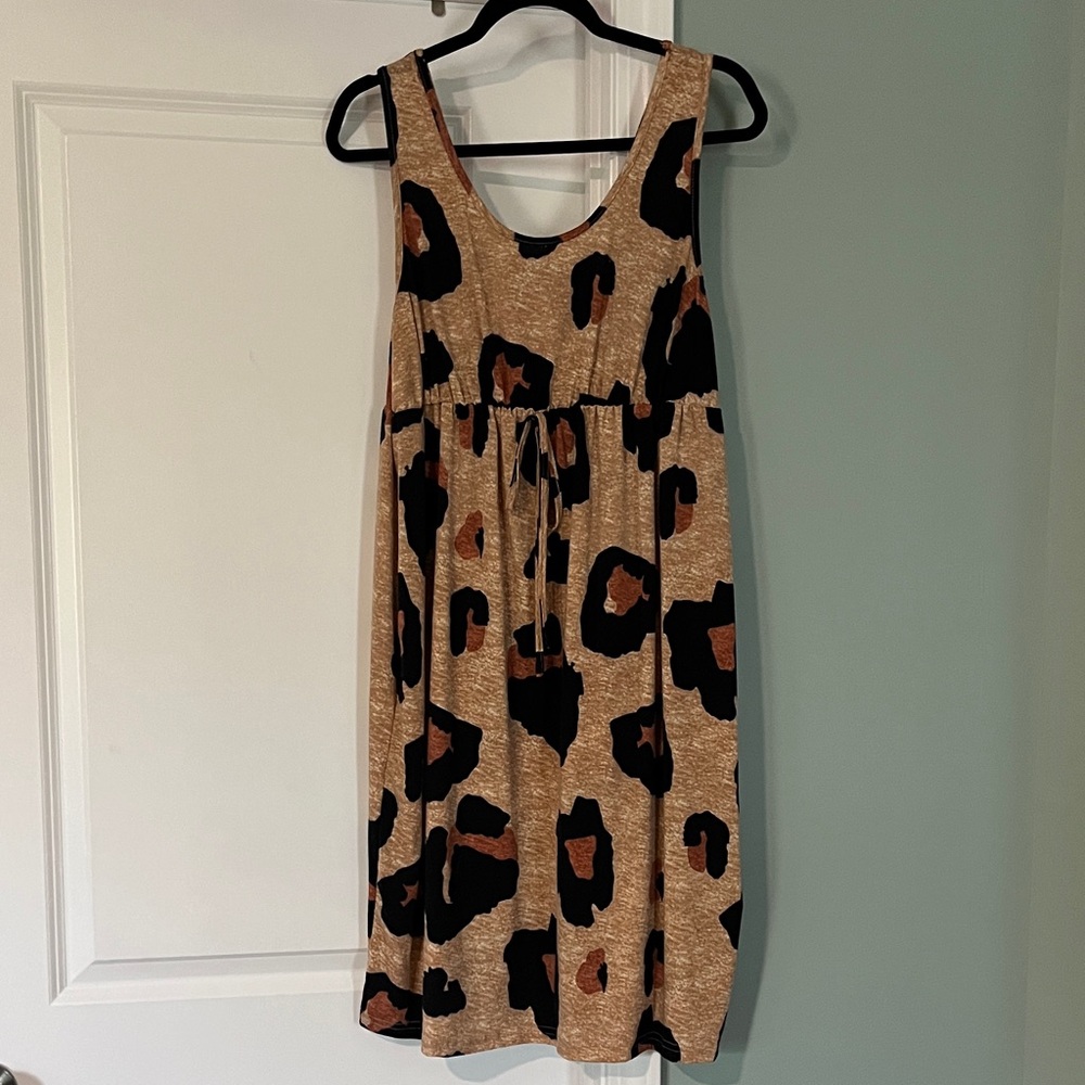 Sleeveless Tan Leopard Print Midi Dress